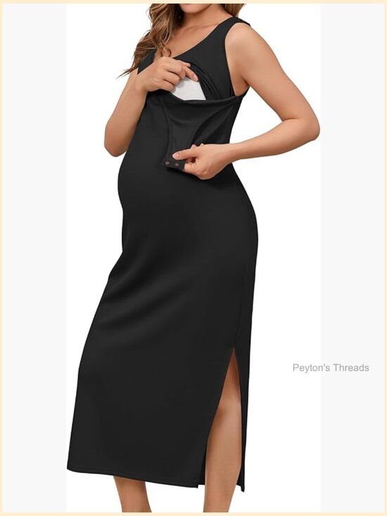 Dresses & Skirts - Split Midi Nursing Dress Sleeveless Scoop Neck Breastfeeding Maternity Dress